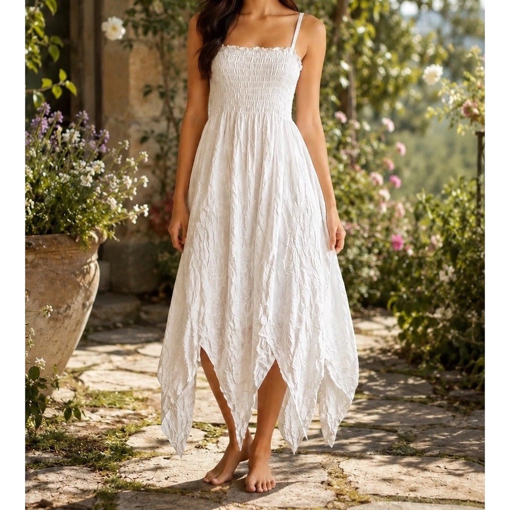 Peaceful People Womens Sarong Swimsuit Cover Dress Size M White Smocked Gauzy